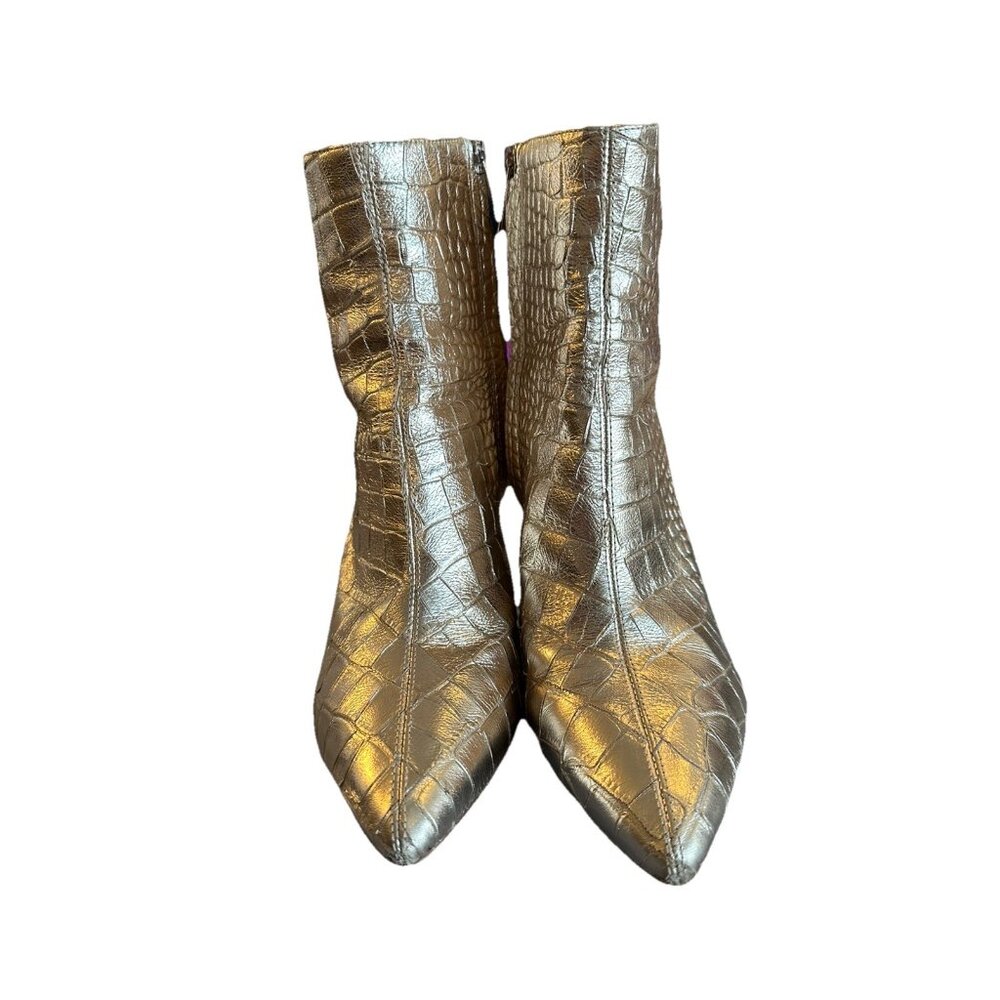 Sam Edelman Hilty Croc Embossed Mirror Metallic Leather Ankle Boots Gold Size 7